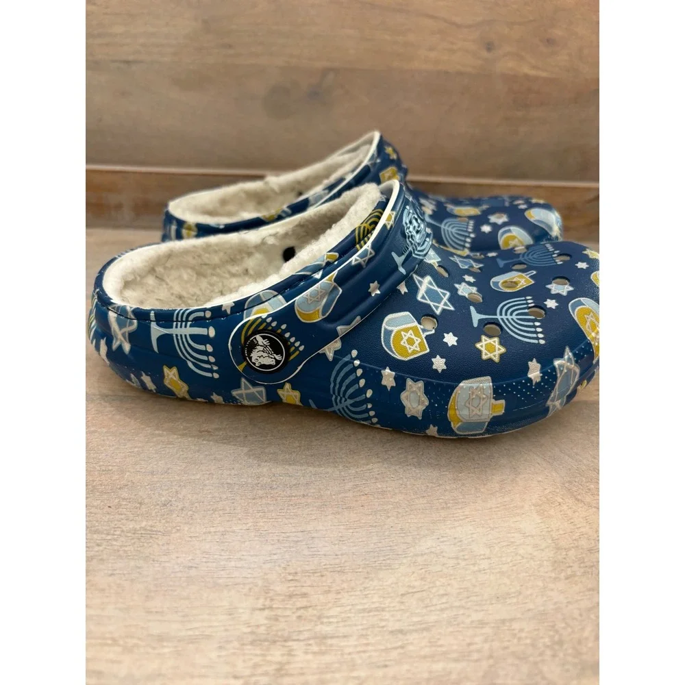 Crocs Hanukkah Classic Lined Clogs Navy Blue Menorah Dreidel Holiday Kids Sz 1
